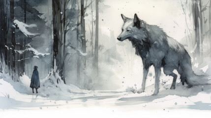 Dark fantasygiant white wolf painted by watercolors, generative ai