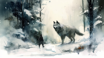 Dark fantasygiant white wolf painted by watercolors, generative ai