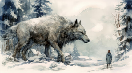 Dark fantasygiant white wolf painted by watercolors, generative ai