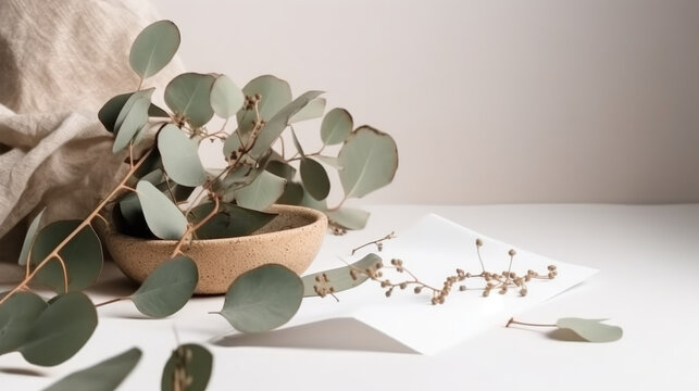 Composition with envelopes card and eucalyptus, generative ai