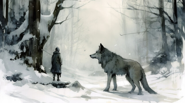 Dark fantasygiant white wolf painted by watercolors, generative ai