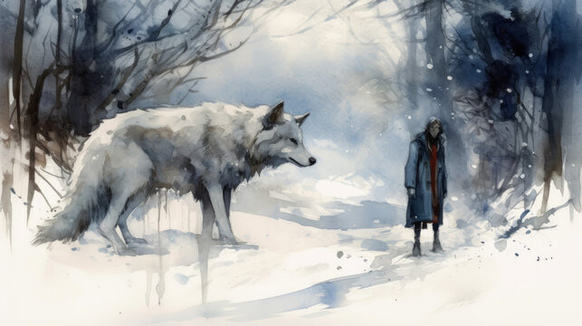 Dark fantasygiant white wolf painted by watercolors, generative ai