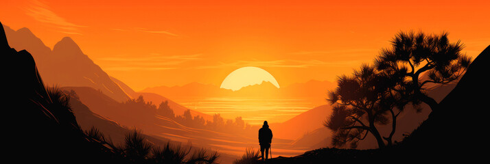 Minimalistic illustration of a man standing and looking out at the rising sun - Generative AI