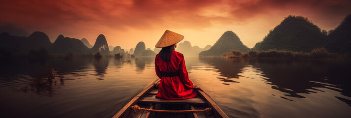 Woman in a red dress and hat is seated on a wooden boat on the river in front of mountains - Generative AI