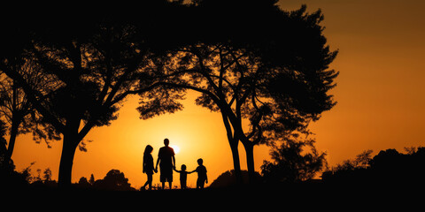 Silhouette of family walking under an oak tree at sunset - Generative AI