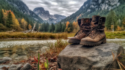 Dirty brown boots in te foreground and mountains in background, generative ai