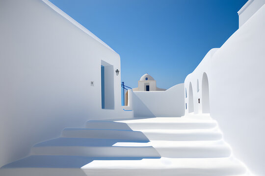 Building with white stairway, blue sky in background, Santorini, Greece