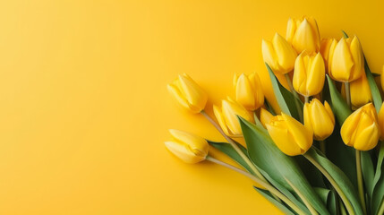 Empty clean solid bright background with fresh yellow tulip, generative ai