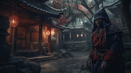 Fototapeta na wymiar Assassin in dark with lanterns in background in fantasy mood, generative ai