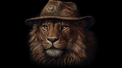 Lion wearing a hat with rose, generative ai