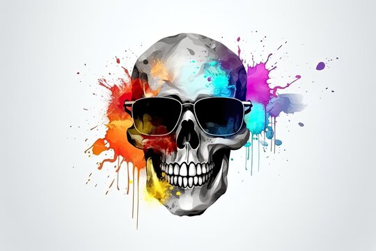 scull in sunglasses realistic with paint splatter abstract 