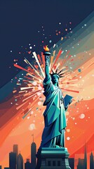 Obraz premium Greeting card with U.S. flag and statue of Liberty. 4th of July. Independence day of United states. Generative Ai.