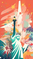 Greeting card with U.S. flag and statue of Liberty. 4th of July. Independence day of United states. Generative Ai.