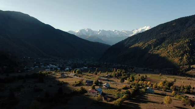 Captivating scene of the alpine valley in Mestia, Location place Upper Svaneti, Mt. Ushba, Georgia