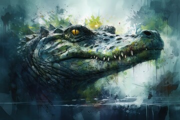 Close up of an alligator in a swamp. Generative AI