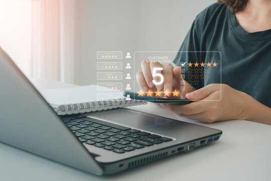 Customer review satisfaction feedback survey concept, User give rating to service experience on online application, Customer can evaluate quality of service leading to reputation ranking of business.