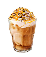 Watercolor illustration of a watercolor coffee latte with caramel, hand drawn, isolated on a white background. Coffee with cream, drizzled with caramel and sprinkled with chocolate chips