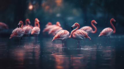 Fototapeta na wymiar Pink flamingos in water in blue and orange colors, generative ai