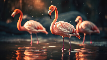 Pink flamingos in water in blue and orange colors, generative ai