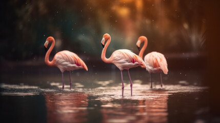 Fototapeta na wymiar Pink flamingos in water in blue and orange colors, generative ai