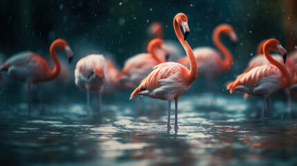 Pink flamingos in water in blue and orange colors, generative ai