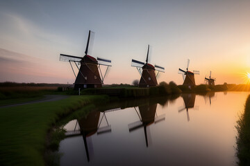 Amazing sunrise of beautiful windmills at Kinderdijk, The Netherlands during sunrise, no tourists due to Covid-19
