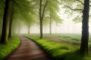 Fototapeta premium Beautiful spring colors on a misty day in a forest in the Netherlands.