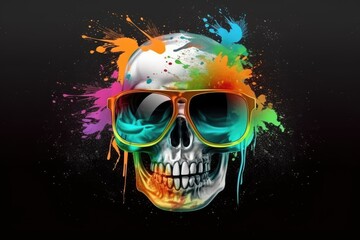 scull in sunglasses realistic with paint splatter abstract  Generative AI