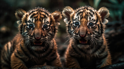 Portrait of two roaring tiger cubs in the jungle, generative ai