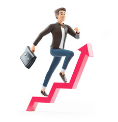 3d cartoon man with briefcase running on growing arrow