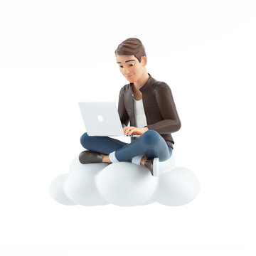 3d cartoon man sitting on cloud and using laptop
