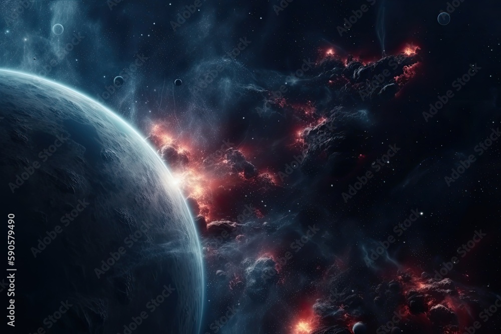 Poster planet in the foreground of a space scene with stars in the background. generative ai