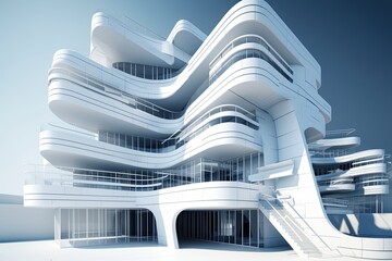 picturesque white building with a stunning spiral staircase in the foreground. Generative AI