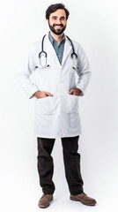 full body shot young male doctor wearing medical robe and stethoscope on isolated white background. Generated AI