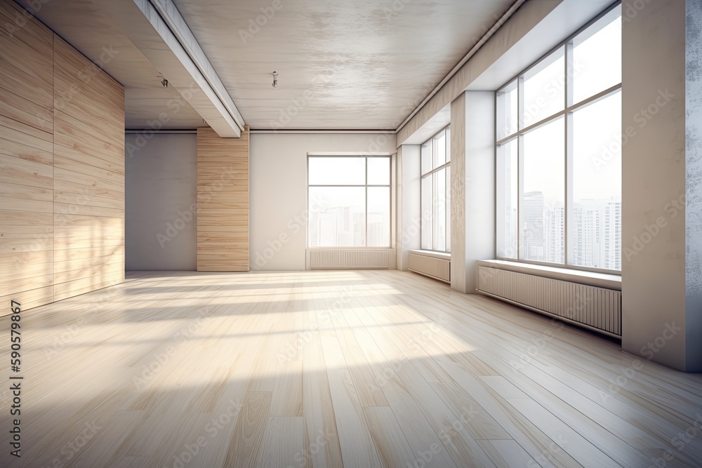 Poster an empty room with wooden floors and large windows. generative ai