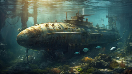 Rustic submarine underwater in dock, generative ai