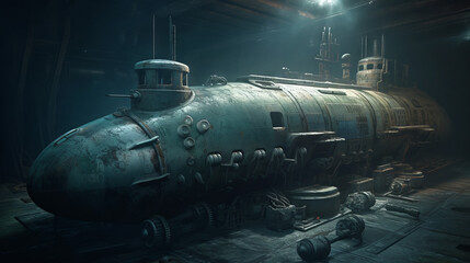 Rustic submarine underwater in dock, generative ai