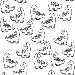 hand drawn seamless childrens pattern with cute dinosaurs, plants and doodles in scandinavian style with roar lettering on white background. Children's pattern with dinosaurs. Wallpaper
