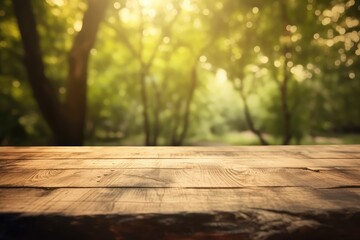 Naklejka na ściany i meble Wooden Table Set Against a Beautiful Forest Landscape. Generative AI