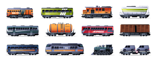 Cargo wagons. Cartoon transport wagon with cargo and containers, flat transport industrial van with cargo and goods. Vector isolated set. Passenger and fright vehicles for shipment