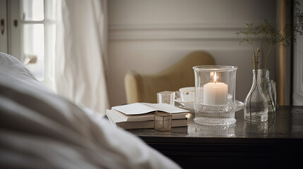 Fototapeta na wymiar White candle in glass on bedside table in minimalistic room, generative ai