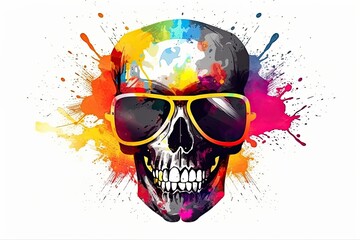 scull in sunglasses realistic with paint splatter abstract