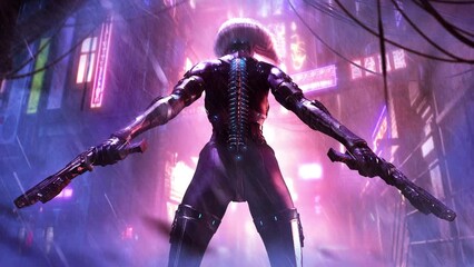 sexy girl with a blonde square is standing epically with two pistols at the ready in a black cybernetic suit with a spine in the middle of a neon night cyber punk street , clean looped 2d animated art