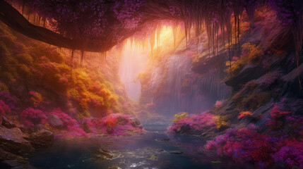 Fantastical fantasy nature, amazing world hidden in forest, generative ai