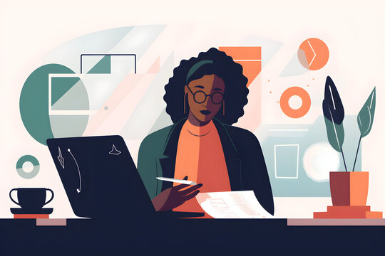 Flat vector illustration Accountant, black woman working on laptop making documents, taxes, exchange, bookkeeping and financial advisor concept