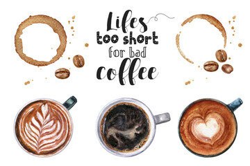 Watercolor illustration of coffee and desserts close up.  A hand-drawn set of drinks, coffee and desserts. Design template for packaging, menu, postcards