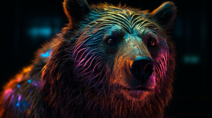 A close-up of bear head in neon colors, generative ai