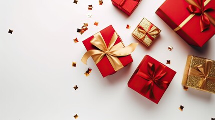 Christmas composition. Gifts, red decorations on white background. Christmas, winter, new year concept. Flat lay, top view, copy space. Generative Ai.
