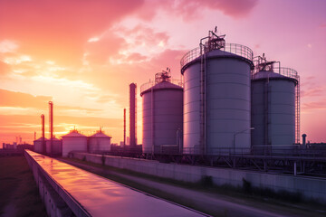 Silos for storing grain and cereals at sunset. Industrial background. Generative AI
