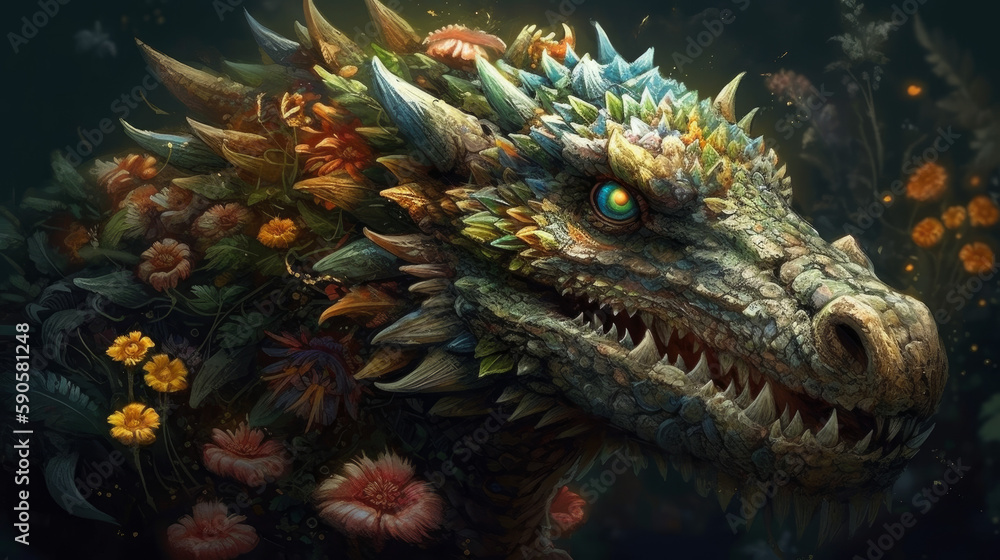 Wall mural A dragon with eyes and head on a lot of flowers, generative ai